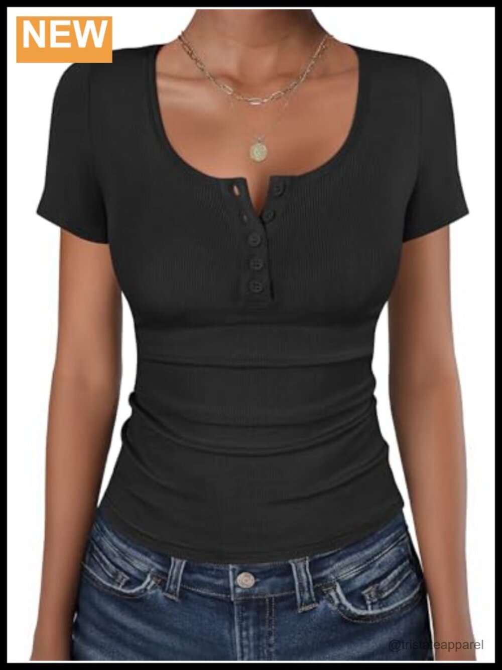 Womens Short Sleeve Henley Shirt Slim Fit Ribbed Knit Work Top